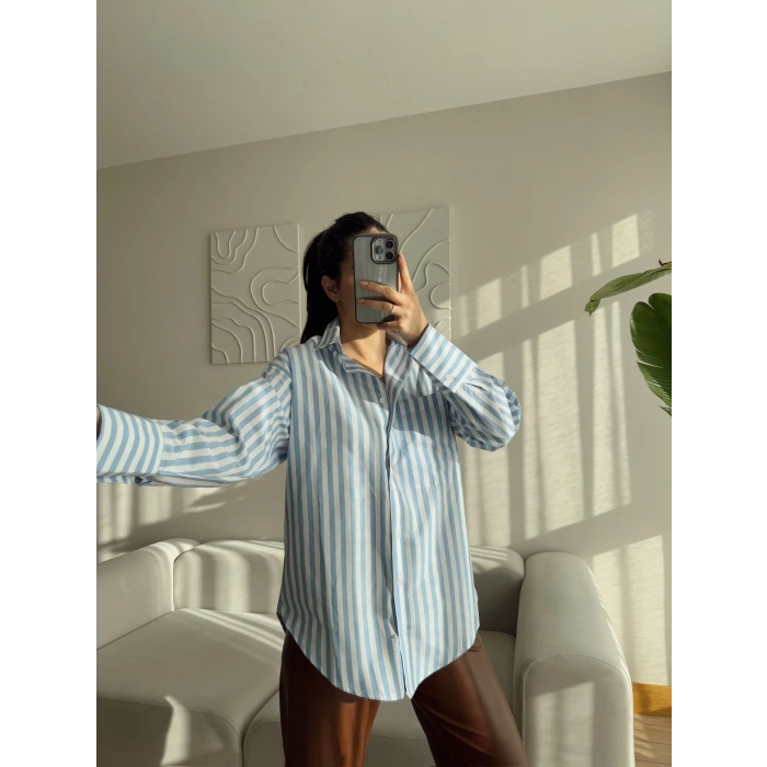 Çizgili Oversize Gömlek - MAVİ