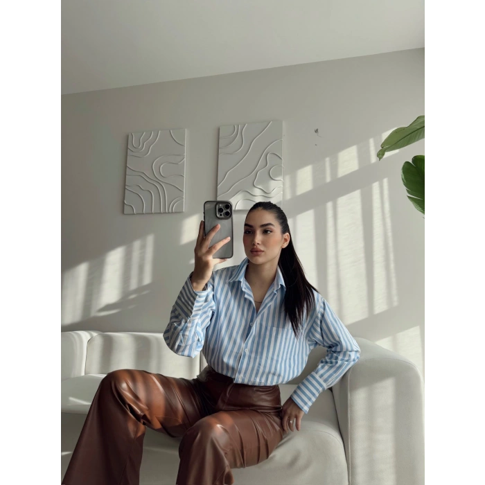Çizgili Oversize Gömlek - MAVİ