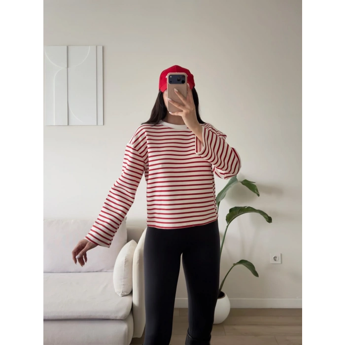 Çizgili Oversize Sweat - KIRMIZI