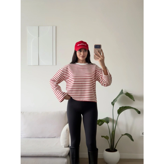 Çizgili Oversize Sweat - KIRMIZI