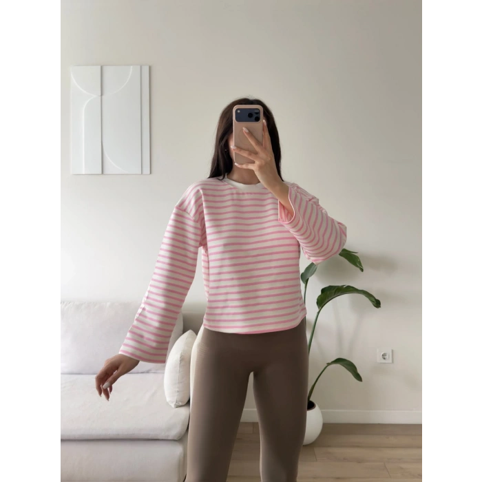 Çizgili Oversize Sweat - PEMBE