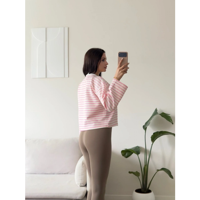 Çizgili Oversize Sweat - PEMBE