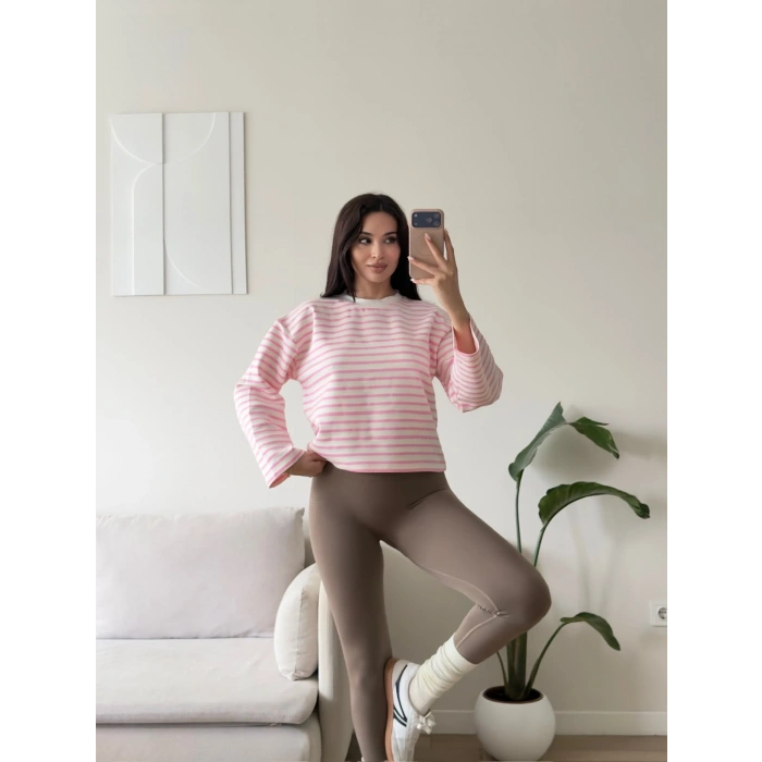 Çizgili Oversize Sweat - PEMBE