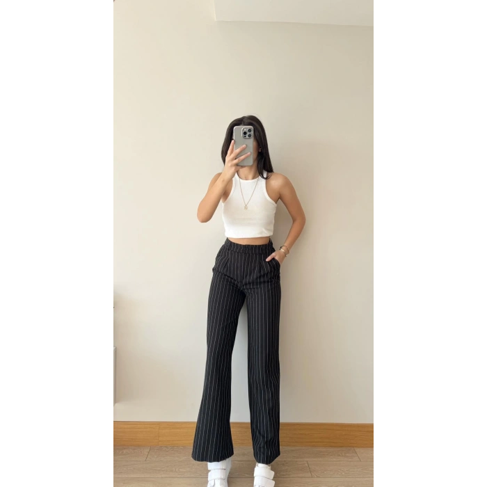 Çizgili Palazzo Pantolon-SİYAH