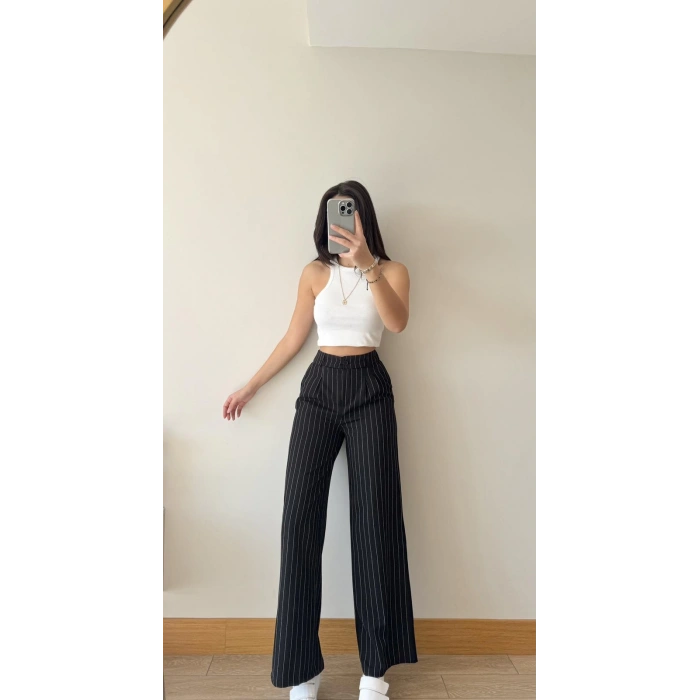Çizgili Palazzo Pantolon-SİYAH
