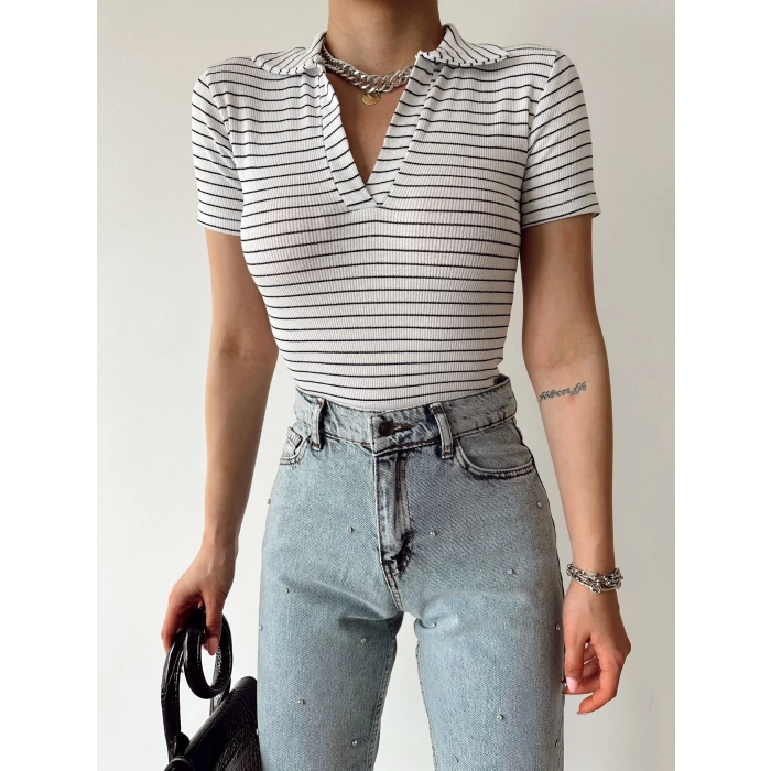 Çizgili Polo Yaka Kaşkorse-BEYAZ