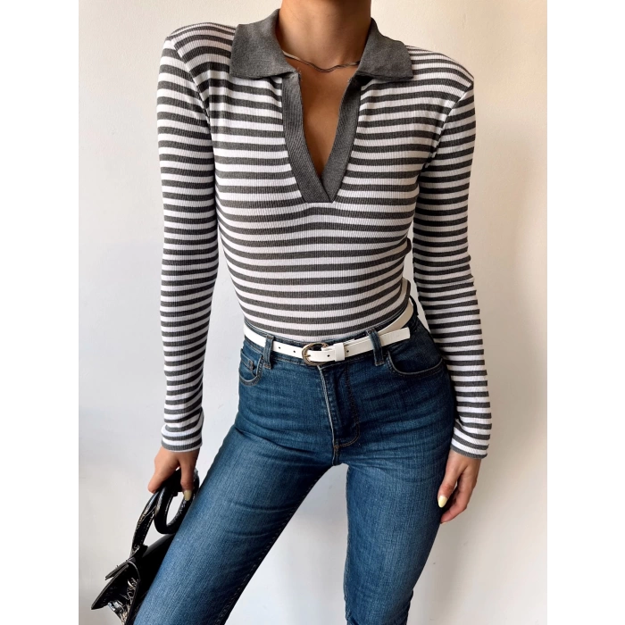 Çizgili Polo Yaka Kaşkorse Crop Bluz-GRİ