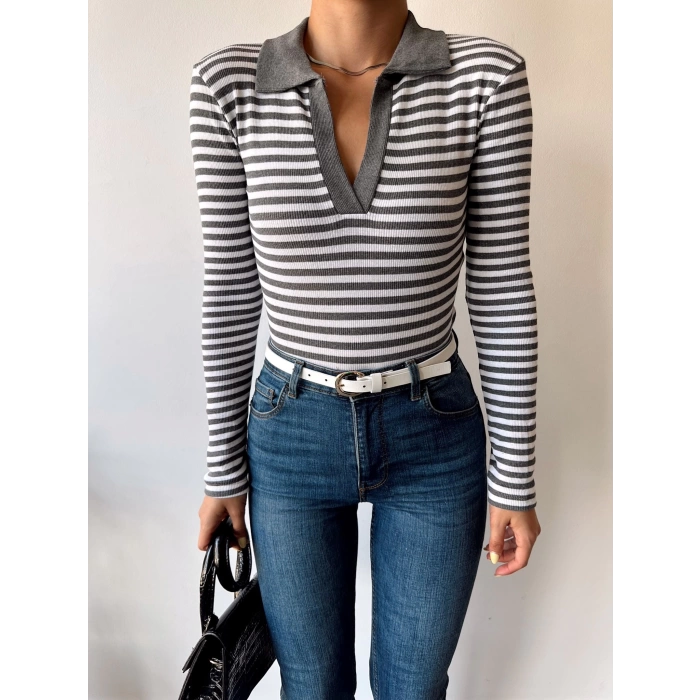 Çizgili Polo Yaka Kaşkorse Crop Bluz-GRİ