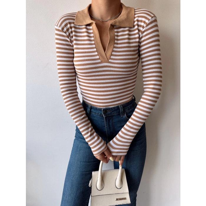 Çizgili Polo Yaka Kaşkorse Crop Bluz-KAHVE
