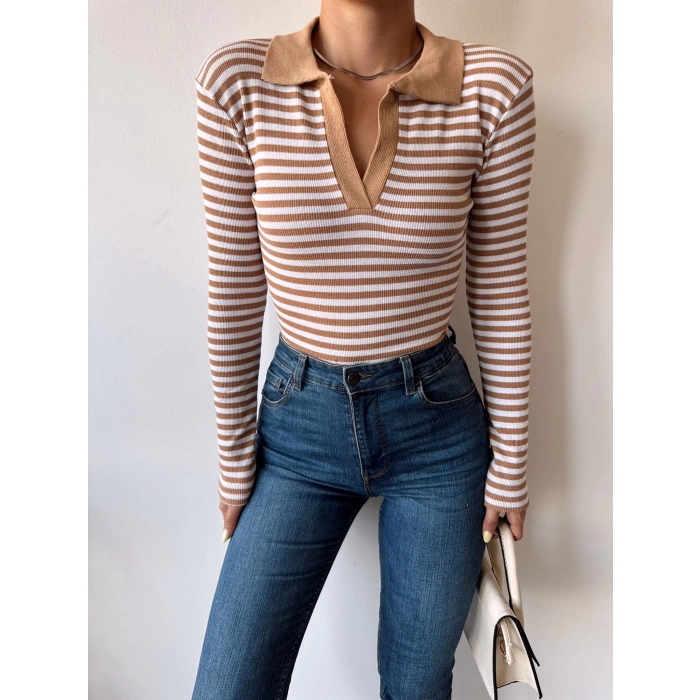Çizgili Polo Yaka Kaşkorse Crop Bluz-KAHVE