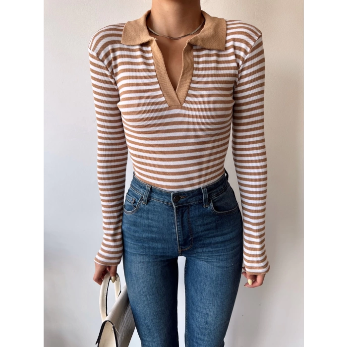 Çizgili Polo Yaka Kaşkorse Crop Bluz-KAHVE