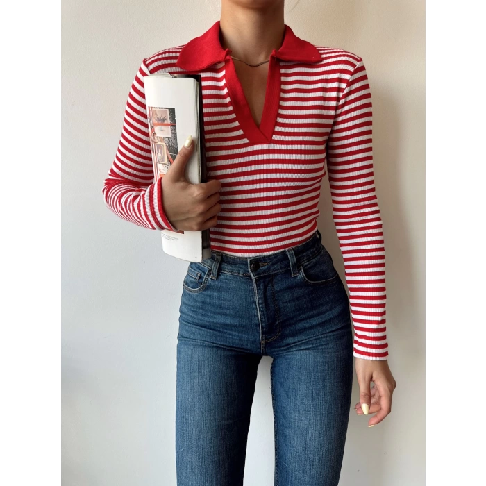 Çizgili Polo Yaka Kaşkorse Crop Bluz-KIRMIZI