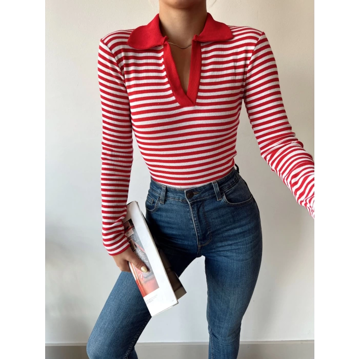 Çizgili Polo Yaka Kaşkorse Crop Bluz-KIRMIZI