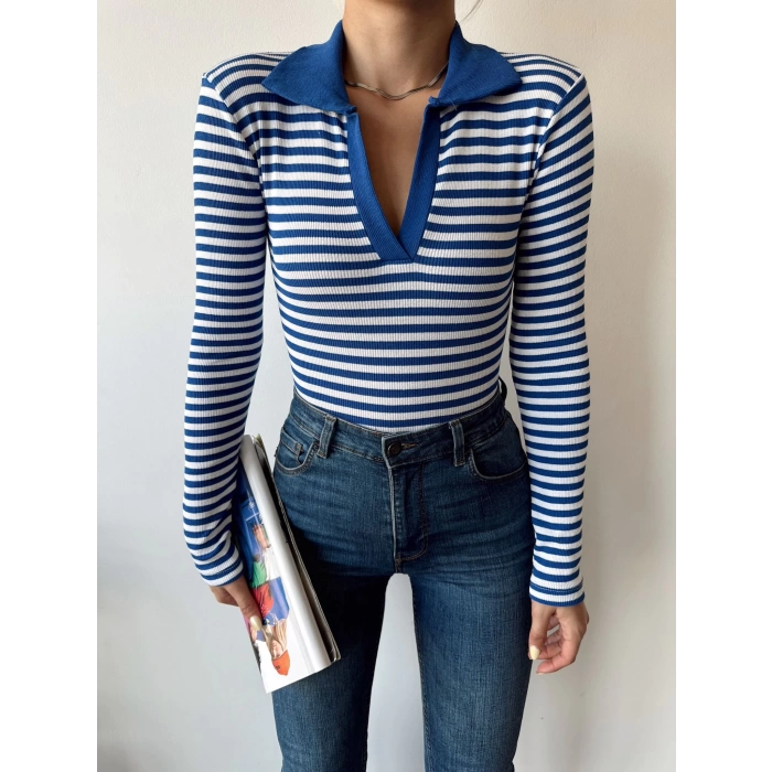 Çizgili Polo Yaka Kaşkorse Crop Bluz-MAVİ