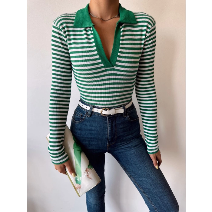 Çizgili Polo Yaka Kaşkorse Crop Bluz-YEŞİL