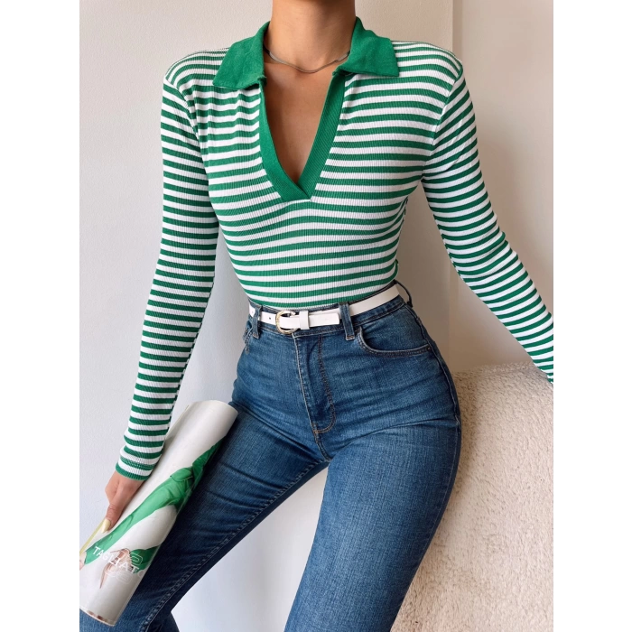 Çizgili Polo Yaka Kaşkorse Crop Bluz-YEŞİL