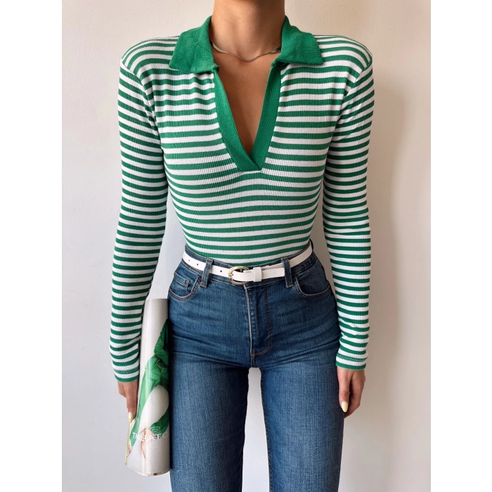 Çizgili Polo Yaka Kaşkorse Crop Bluz-YEŞİL