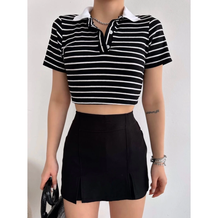 Çizgili Polo Yaka Kaşkorse Crop-SİYAH
