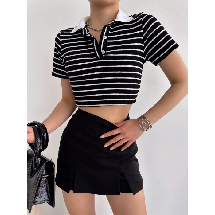 Çizgili Polo Yaka Kaşkorse Crop-SİYAH