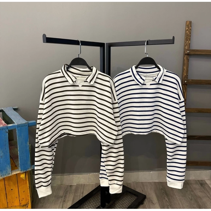 Çizgili Polo Yaka Sweat-BEYAZYEŞİL