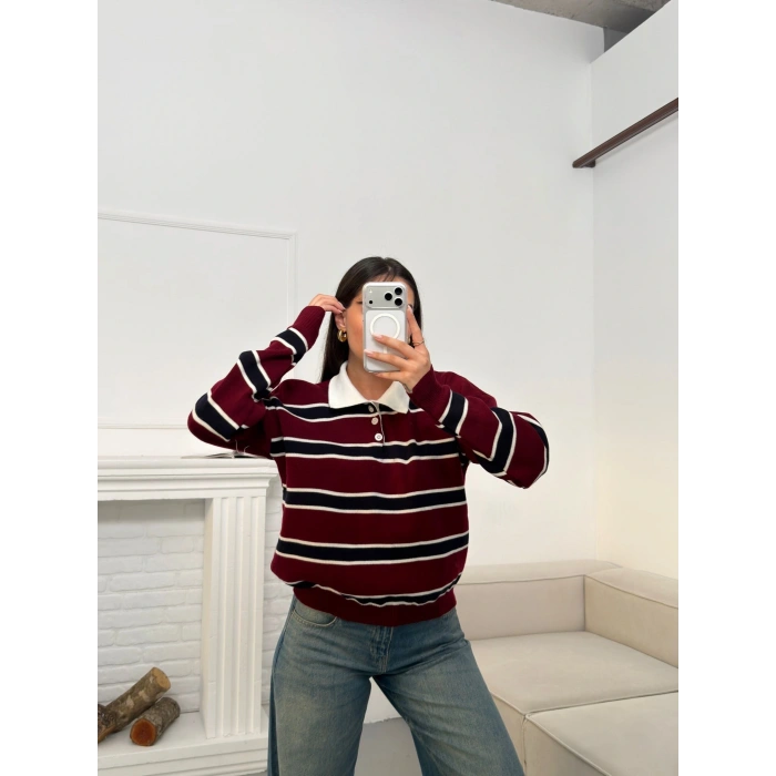 Çizgili Polo Yaka Triko - BORDO