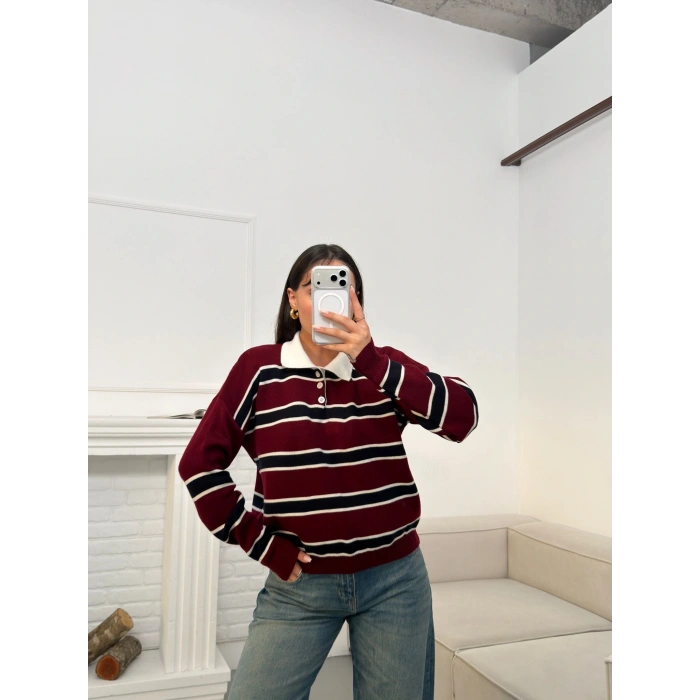 Çizgili Polo Yaka Triko - BORDO