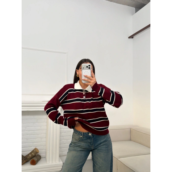 Çizgili Polo Yaka Triko - BORDO
