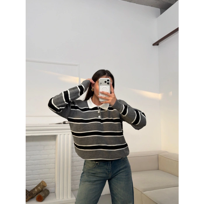 Çizgili Polo Yaka Triko - GRİ