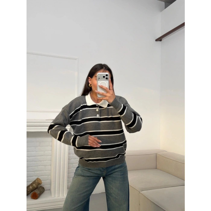 Çizgili Polo Yaka Triko - GRİ