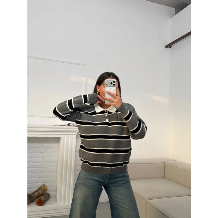 Çizgili Polo Yaka Triko - GRİ