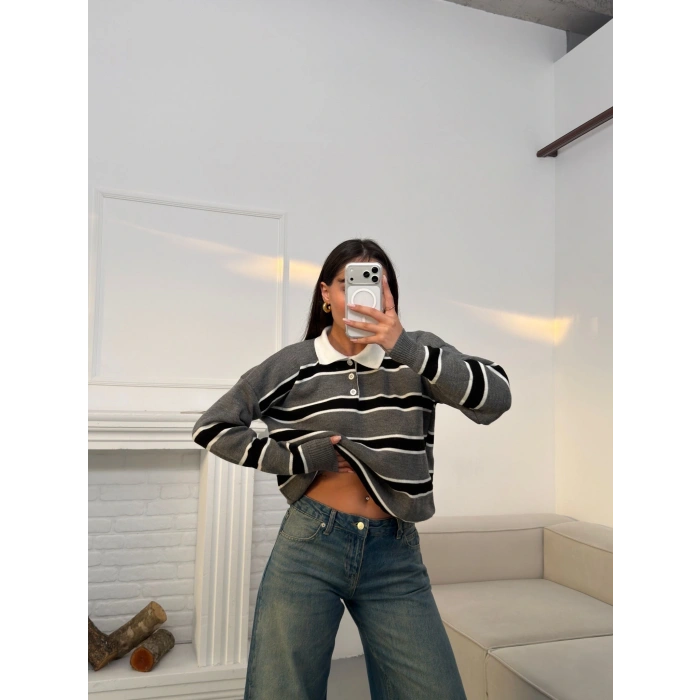 Çizgili Polo Yaka Triko - GRİ