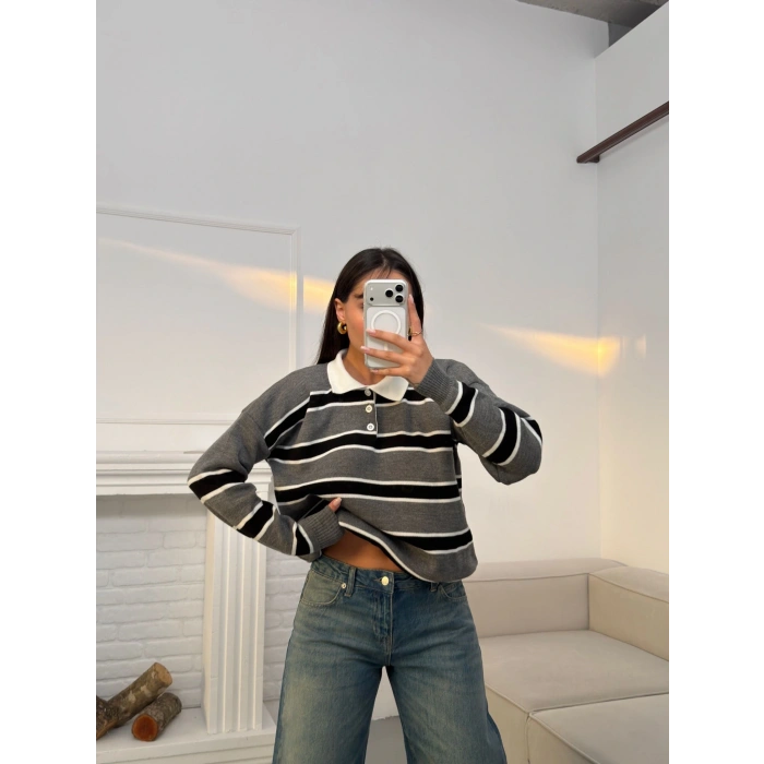 Çizgili Polo Yaka Triko - GRİ