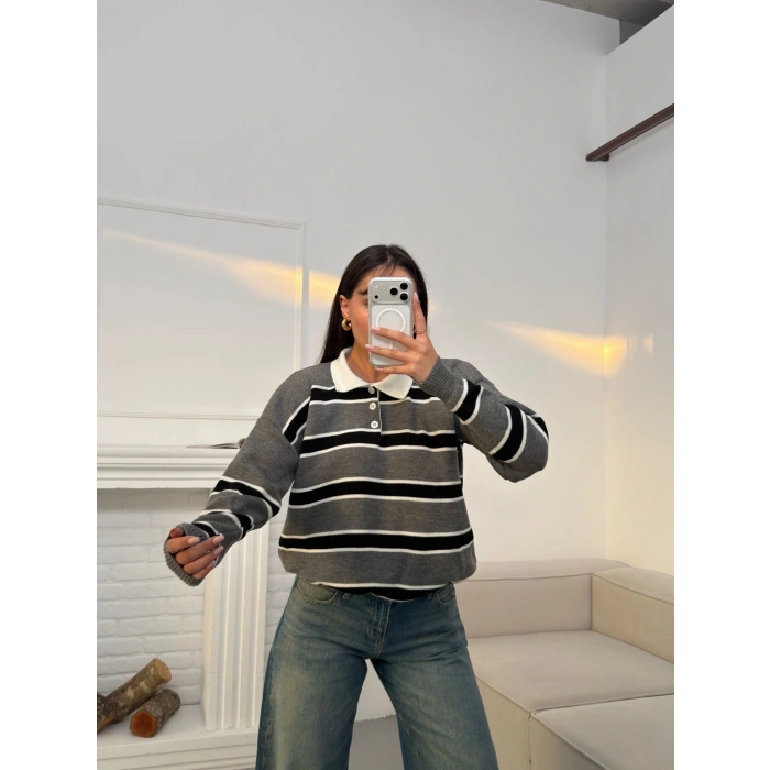 Çizgili Polo Yaka Triko - GRİ