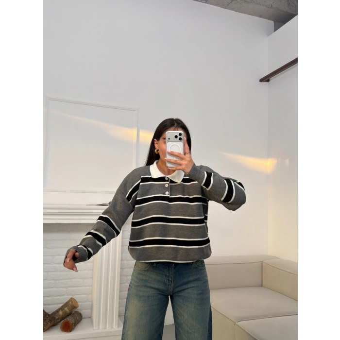 Çizgili Polo Yaka Triko - GRİ