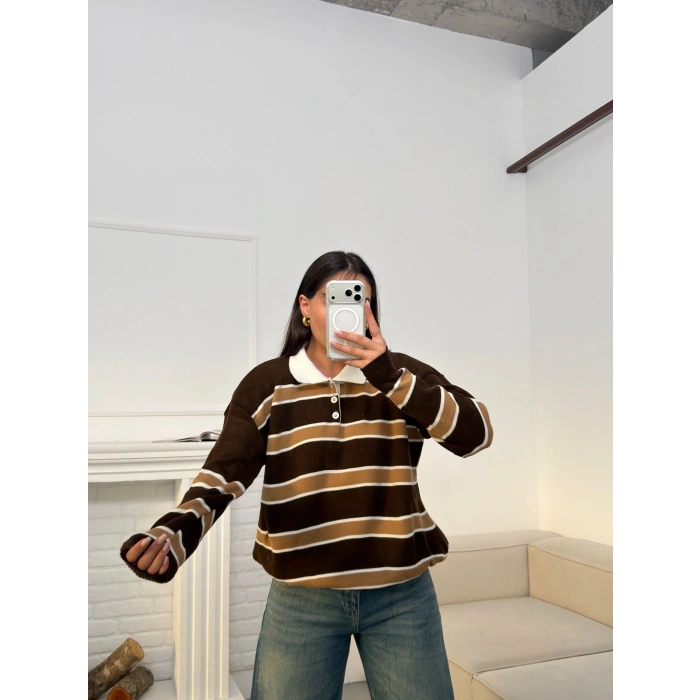 Çizgili Polo Yaka Triko - KAHVE