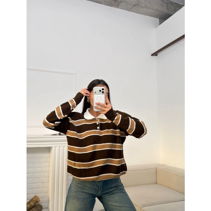 Çizgili Polo Yaka Triko - KAHVE