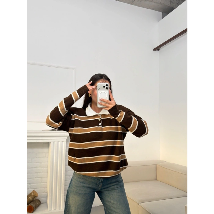 Çizgili Polo Yaka Triko - KAHVE