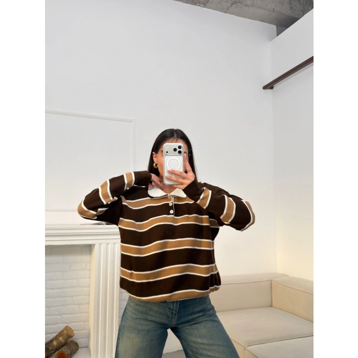 Çizgili Polo Yaka Triko - KAHVE