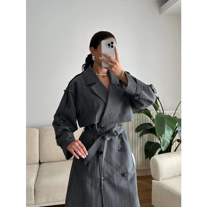 Çizgili Premium Oversize Trençkot - GRİ