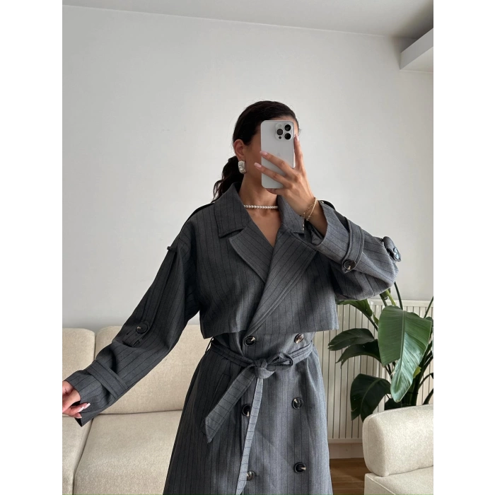 Çizgili Premium Oversize Trençkot - GRİ