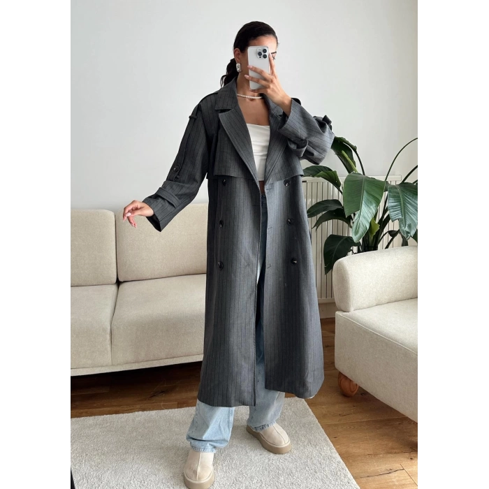 Çizgili Premium Oversize Trençkot - GRİ