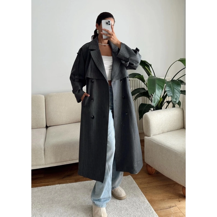 Çizgili Premium Oversize Trençkot - GRİ
