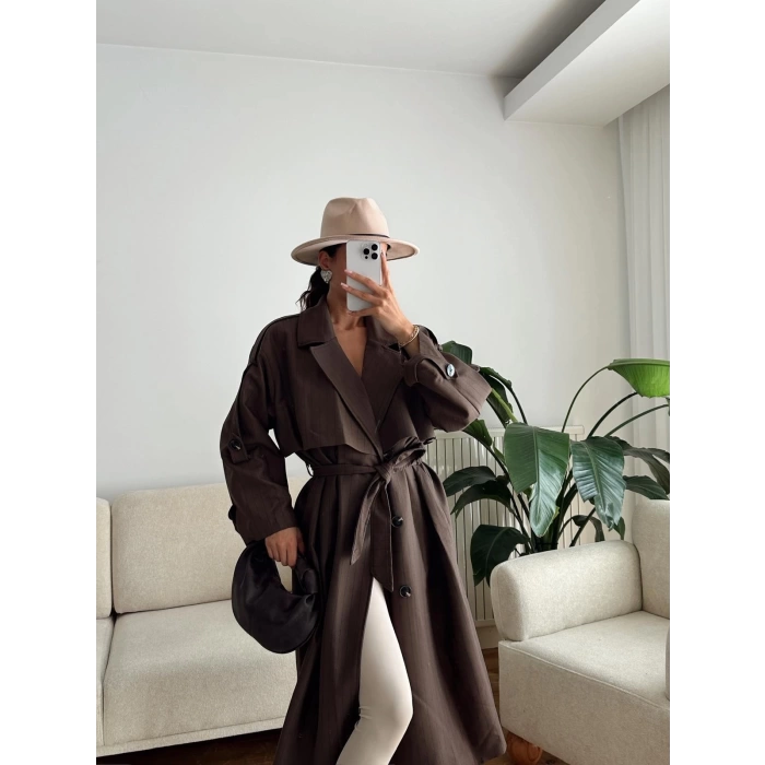 Çizgili Premium Oversize Trençkot - KAHVE