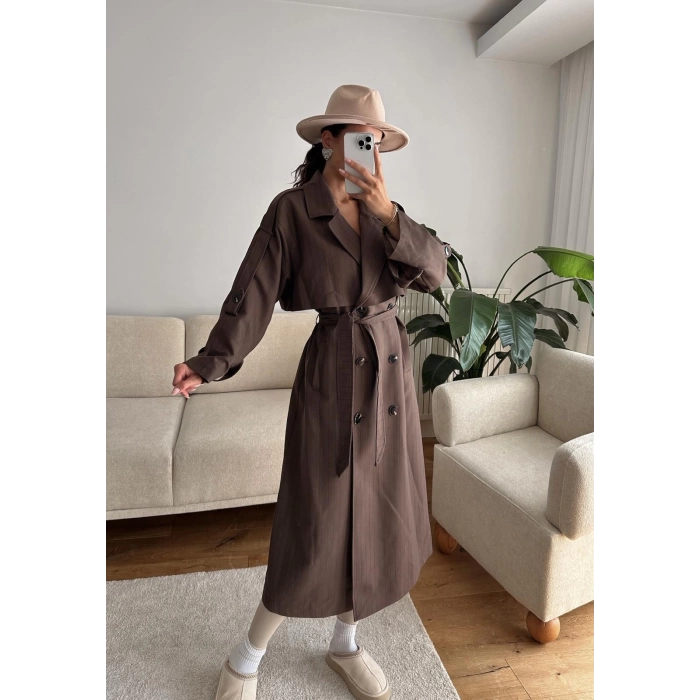 Çizgili Premium Oversize Trençkot - KAHVE