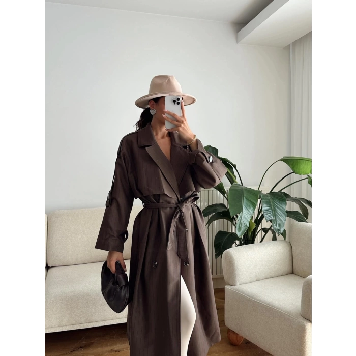 Çizgili Premium Oversize Trençkot - KAHVE