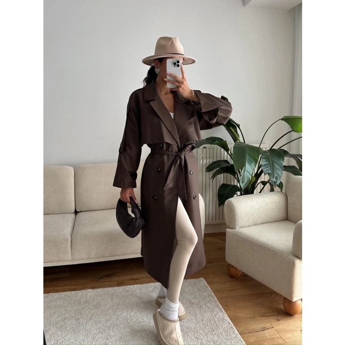 Çizgili Premium Oversize Trençkot - KAHVE