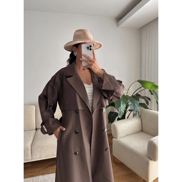 Çizgili Premium Oversize Trençkot - KAHVE