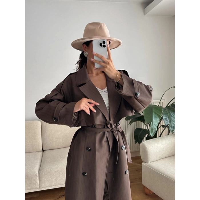 Çizgili Premium Oversize Trençkot - KAHVE