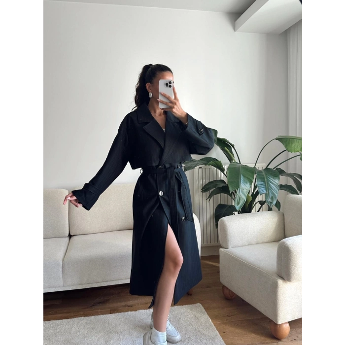 Çizgili Premium Oversize Trençkot - SİYAH