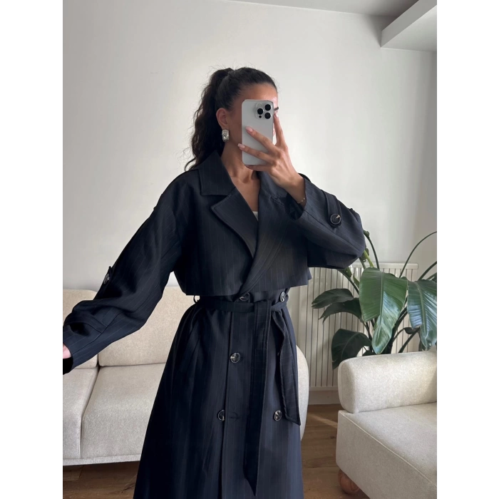 Çizgili Premium Oversize Trençkot - SİYAH